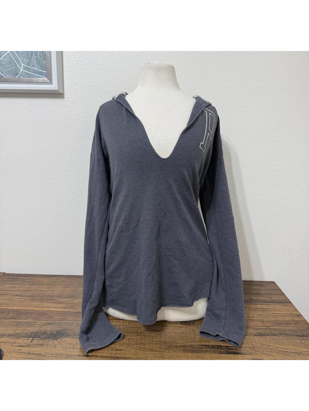 PINK VS Gray Long Sleeve Thin Hoodie with Deep V-Neck Size Small